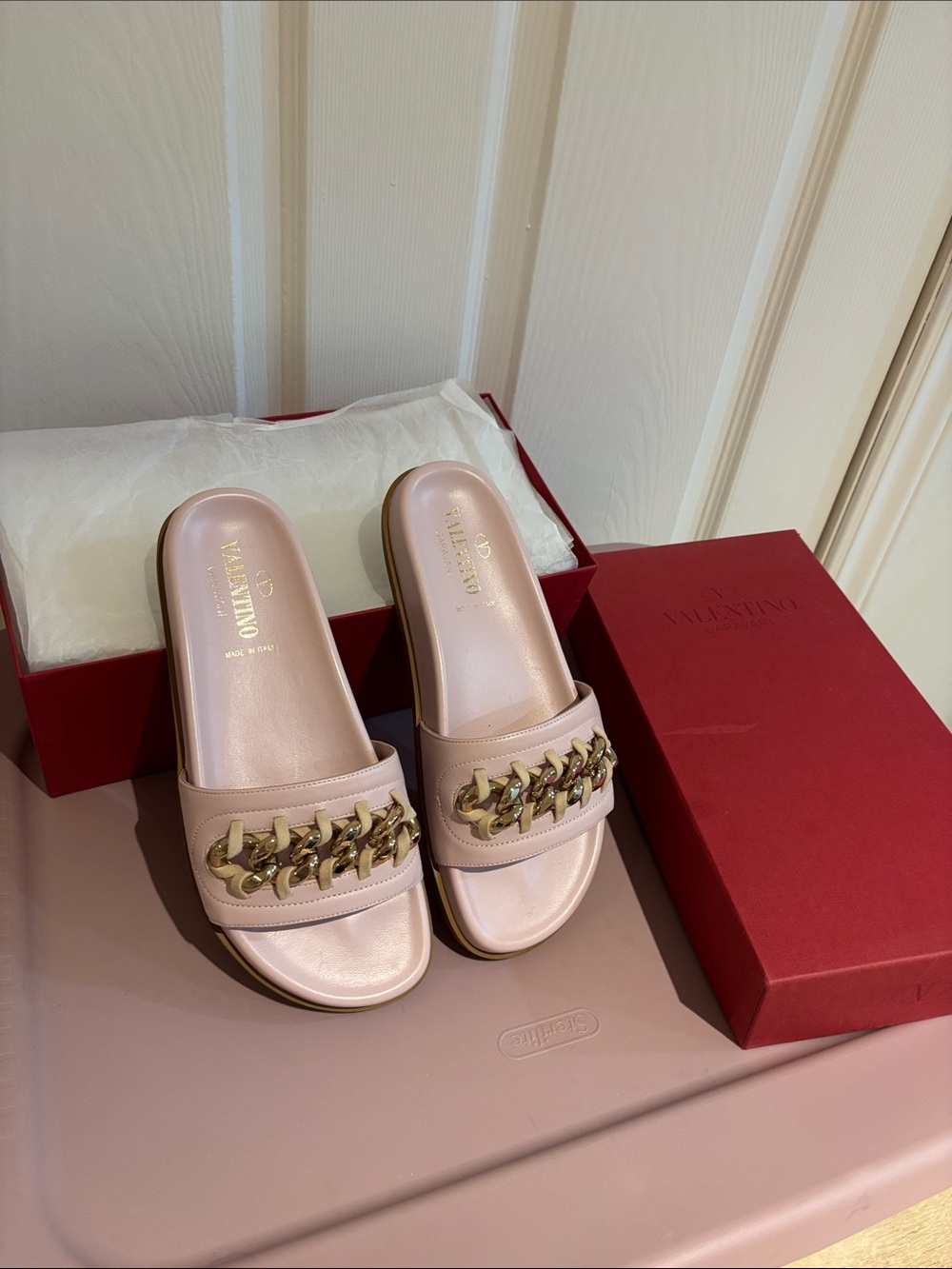 Valentino Garavani Pink Leather Chain‑Accent Slide Mules